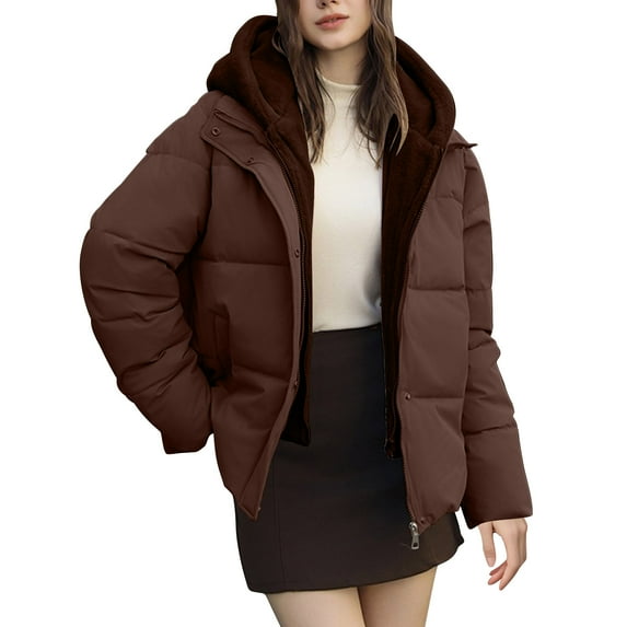 Women's Short Puffer Jacket Long Sleeve Winter Clothing 2 in 1 Fleece Lined Jacket with Hood Coffee 2XL