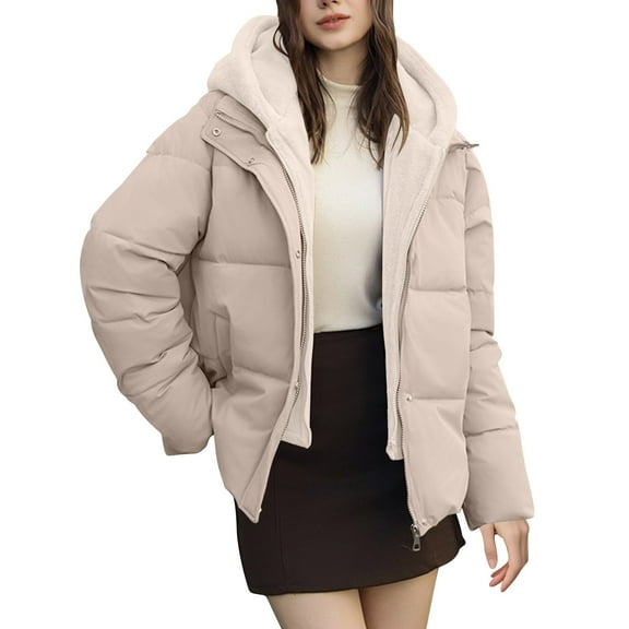 Women's Short Puffer Jacket Long Sleeve Winter Clothing 2 in 1 Fleece Lined Jacket with Hood Khaki L