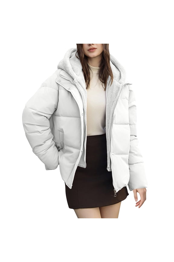 Women's Short Puffer Jacket Long Sleeve Winter Clothing 2 in 1 Fleece Lined Jacket with Hood White 2XL