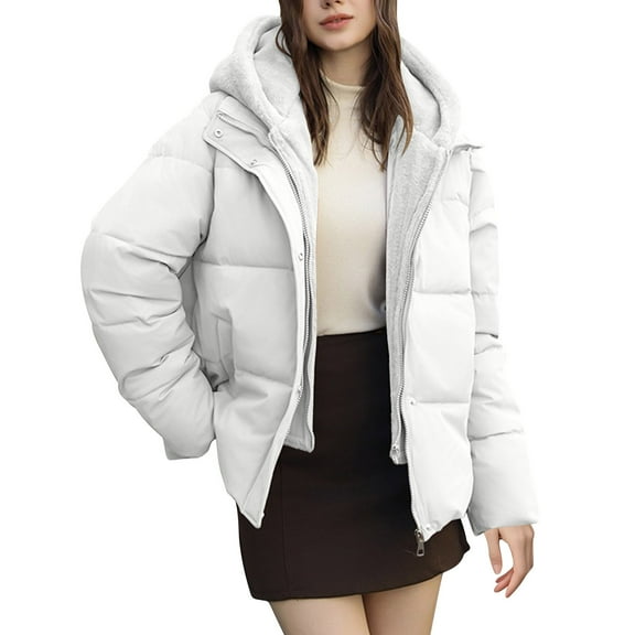 Women's Short Puffer Jacket Long Sleeve Winter Clothing 2 in 1 Fleece Lined Jacket with Hood White M