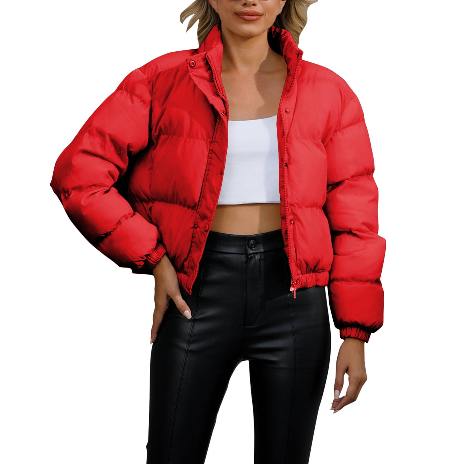 ジャケット・アウター BM007T1014 600 SHORT PUFFER JACKET RED Women's Short Puffer Jacket Solid Color Quilted Outerwear Warm