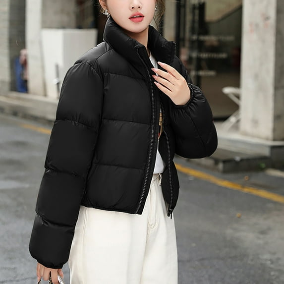 Women's Short Puffer Jacket - Thickened Warm Long Sleeve Coat Plus Size Quilted Outerwear Solid Color High Collar Winter Fashion Casual Zip Up