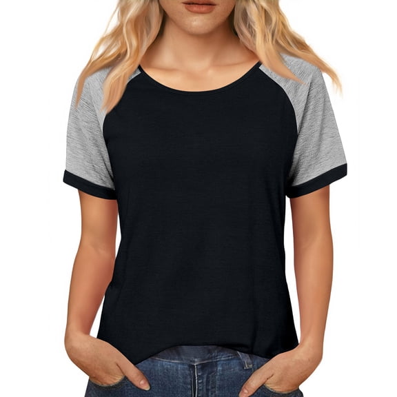 Women's Short Raglan Sleeve T-Shirts Casual Color Block Tops Black L