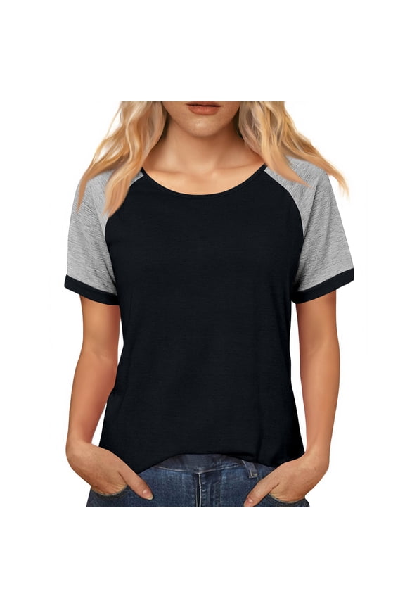 Women's Short Raglan Sleeve T-Shirts Casual Color Block Tops Black S
