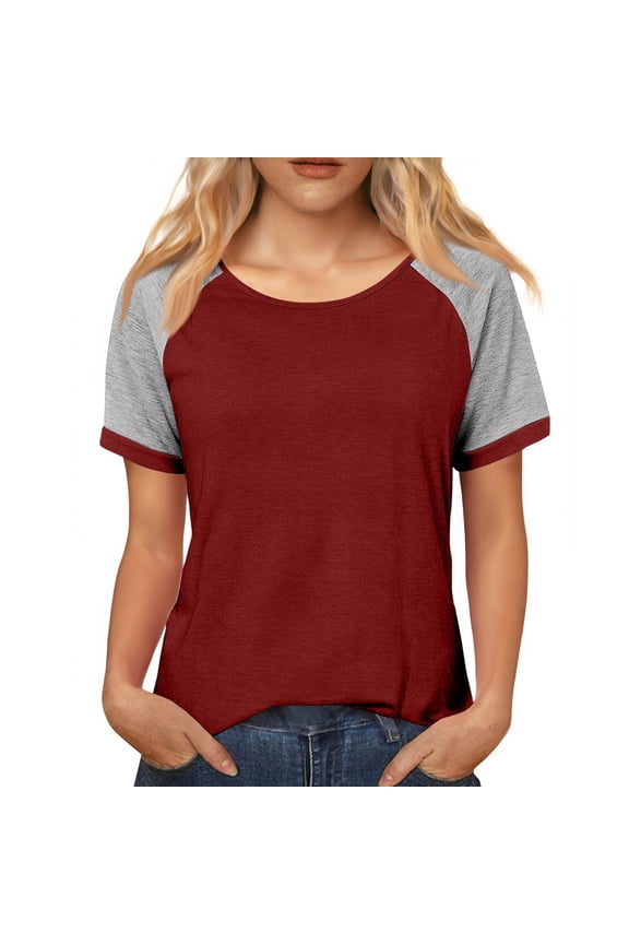 Women's Short Raglan Sleeve T-Shirts Casual Color Block Tops Wine S