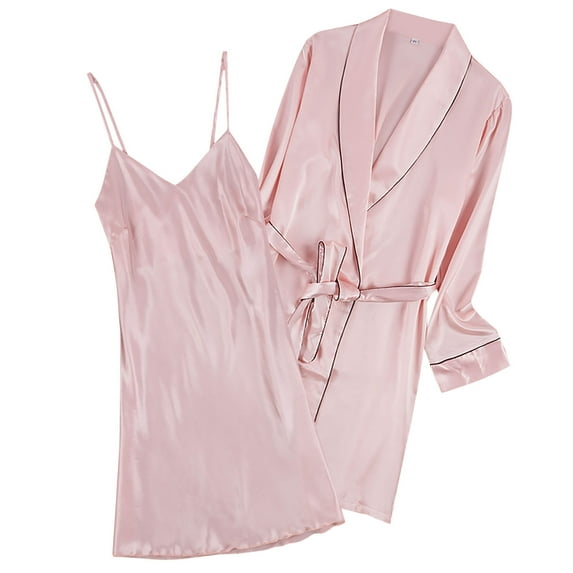 Women's Short Robe Silky Satin Bathrobe Comfy V Neck Solid Color Long Sleeve Sleepwear Soft Nightgown with Belt