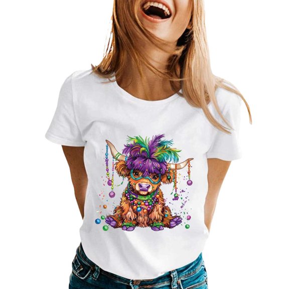 Women's Short SLeeve Shirts Crew Neck Cute Trendy Carnival Highland Cattle Printed Tees Fashion Y2k Going Out ed Tops
