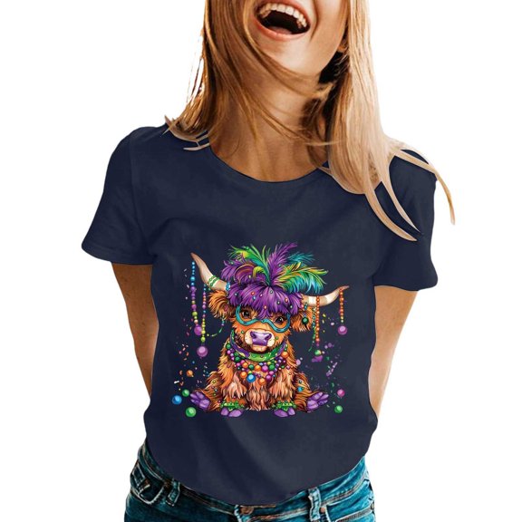 Women's Short SLeeve Shirts Crew Neck Cute Trendy Carnival Highland Cattle Printed Tees Fashion Y2k Going Out ed Tops