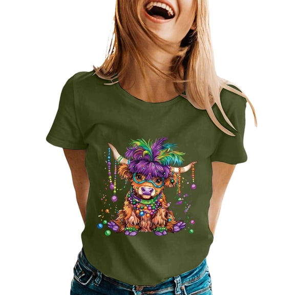 Women's Short SLeeve Shirts Crew Neck Cute Trendy Carnival Highland Cattle Printed Tees Fashion Y2k Going Out ed Tops