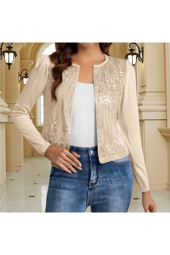 Women's Short Sequin Cardigan, Long Sleeve Open Front Sparkly Jacket, Pile Sleeve Party Top, Casual Holiday Outfit, Glittery Evening Wear Beige L