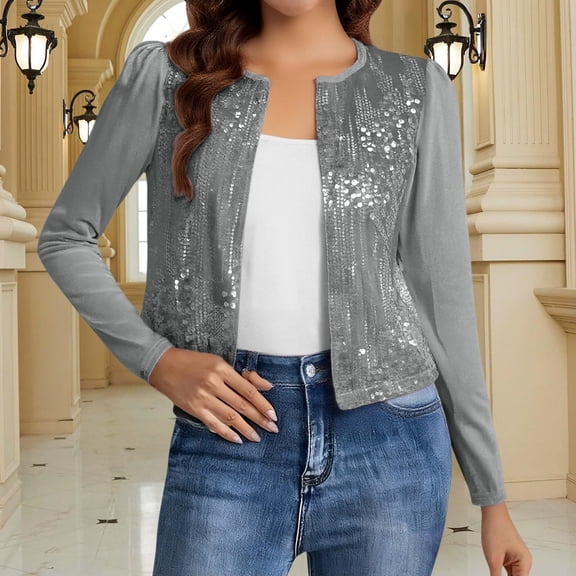 Women's Short Sequin Cardigan, Long Sleeve Open Front Sparkly Jacket, Pile Sleeve Party Top, Casual Holiday Outfit, Glittery Evening Wear Grey M