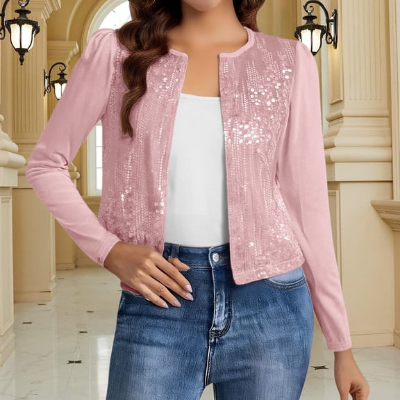 Women's Short Sequin Cardigan, Long Sleeve Open Front Sparkly Jacket, Pile Sleeve Party Top, Casual Holiday Outfit, Glittery Evening Wear Pink XXL