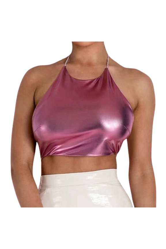 Women's Short Sexy PU Top Backless Hollow Halterneck Nightclub Sexy Leather PU Vest