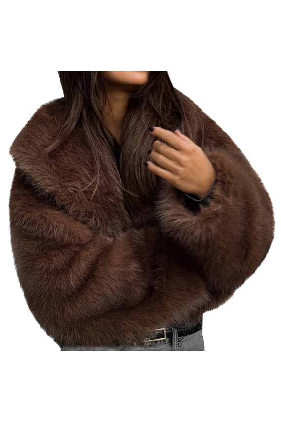 Women's Short Shaggy Faux Fur Jacket - Lapel Open Front Long Sleeve Winter Outerwear, Snap Button Closure with Hidden Pockets for Daily Party