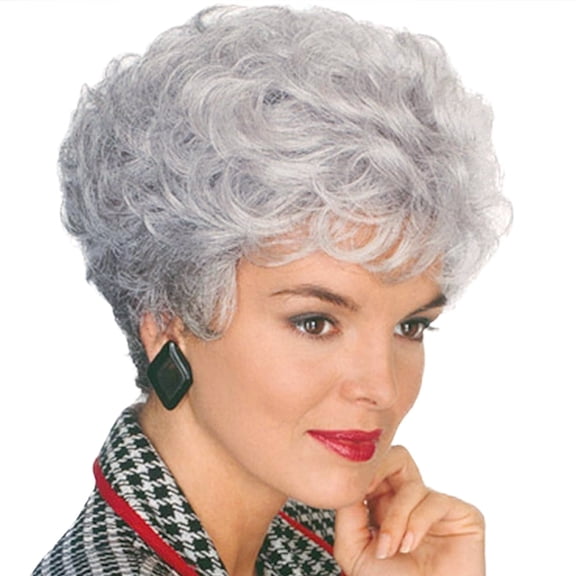 Women’s Short Silver Gray Synthetic Wig, Layered Pixie Cut with Bangs, Natural Wavy Curly Hair, Heat Resistant Fiber Wig for Daily Wear
