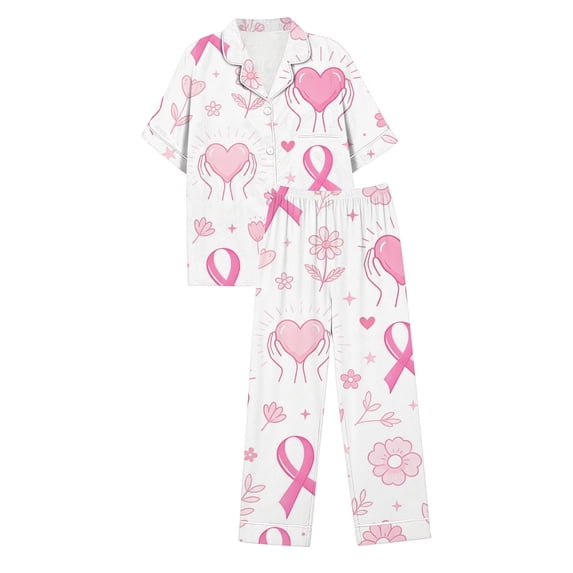 Women’s Short Sleeve 2 Piece Sleepwear Pajama Set All‑Over Pink Ribbon Heart Star Print Notch Collar Button Down Long Pants with Pockets Comfy Relaxed Fit Home Night Loungewear Pink L
