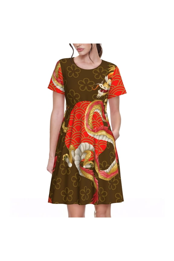 Women's Short Sleeve A-Line Dress Summer Casual T-Shirt Summer Sundress, Asian Dragon Oriental Dragons