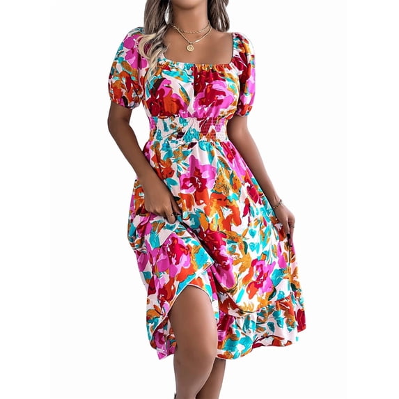 Women's Short Sleeve A Line Dresses Square Neck Flowy Floral Smocked Midi Dress for Casual Red S