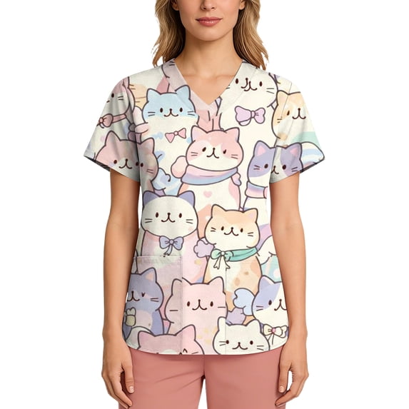 Women's Short Sleeve Animal Print Scrubs, Scrub Tops for Women Breathable Workwear Scrubs Loose Fit Shirts V-Neck with Pockets