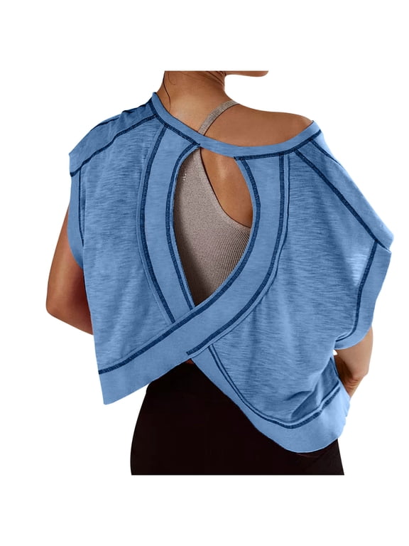 Women's Short Sleeve Athletic Crop Top for Yoga and Running, Open Back Design, Lightweight Polyester Workout Shirt