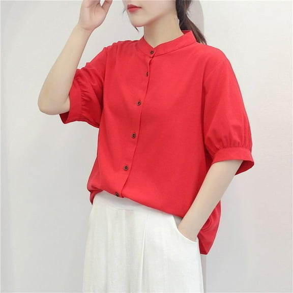 Women's Short Sleeve Blouse, Round Neck Casual Top with Button Detail, Lightweight Polyester Shirt for Summer