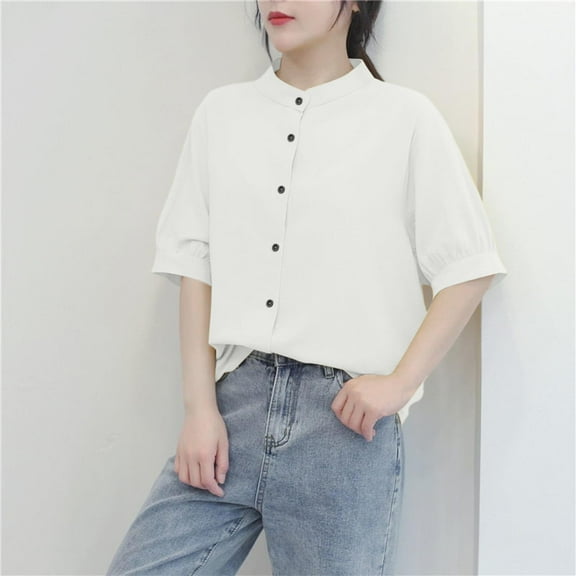 Women's Short Sleeve Blouse, Round Neck Casual Top with Button Detail, Lightweight Polyester Shirt for Summer