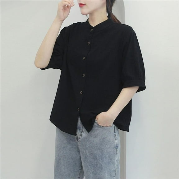 Women's Short Sleeve Blouse, Round Neck Casual Top with Button Detail, Lightweight Polyester Shirt for Summer