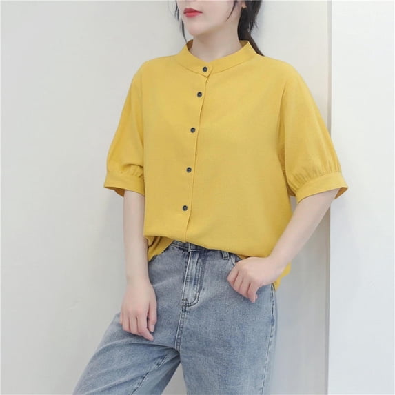 Women's Short Sleeve Blouse, Round Neck Casual Top with Button Detail, Lightweight Polyester Shirt for Summer