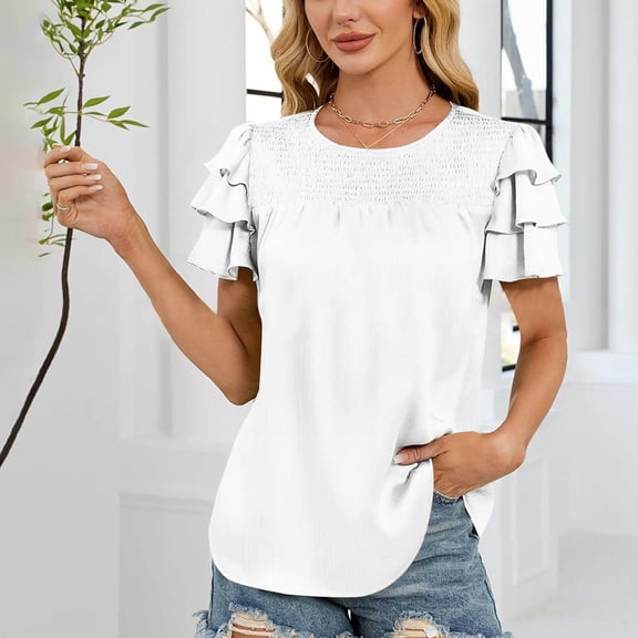 Women's Short Sleeve Blouse, Ruffle Sleeve Top, Casual Summer Shirt with Round Neck, Tiered Sleeve Design for Women's Casual Wear