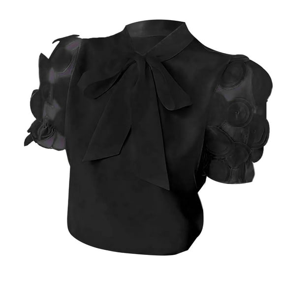 Women's Short Sleeve Blouse, Solid Color Elegant and Simple Top with Bow Tie Detail, Casual Spring Summer Shirt for Fashionable Outfits Black M