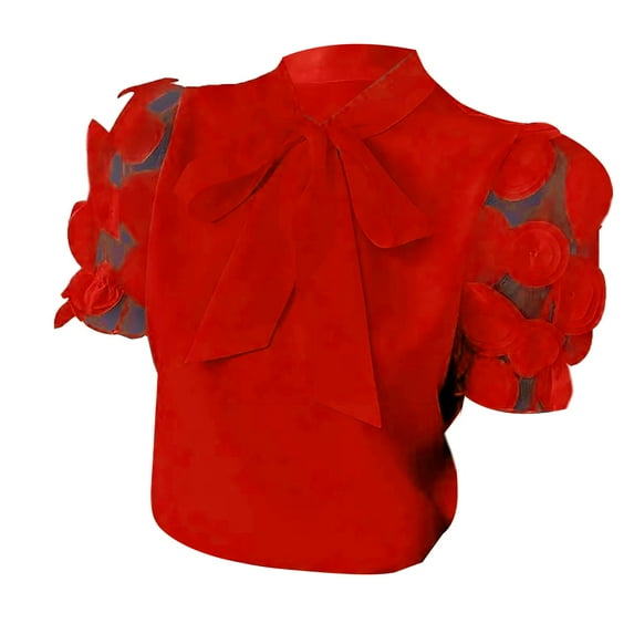 Women's Short Sleeve Blouse, Solid Color Elegant and Simple Top with Bow Tie Detail, Casual Spring Summer Shirt for Fashionable Outfits Red L