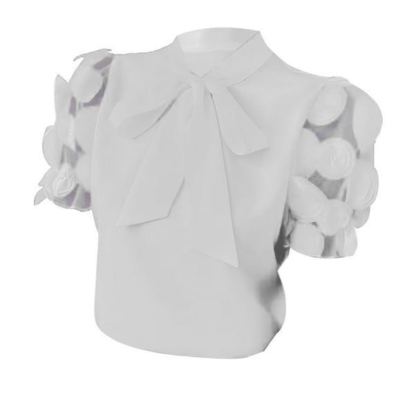 Women's Short Sleeve Blouse, Solid Color Elegant and Simple Top with Bow Tie Detail, Casual Spring Summer Shirt for Fashionable Outfits White XXL