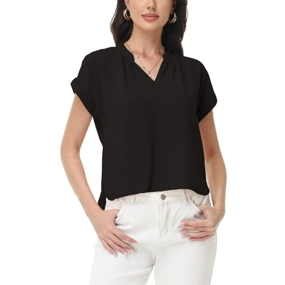 Women's Short Sleeve Blouse with Gathered V-Neckline and Rolled Cuffs - Large, Black