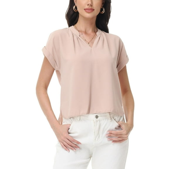 Women's Short Sleeve Blouse with Gathered V-Neckline and Rolled Cuffs - Small, Beige