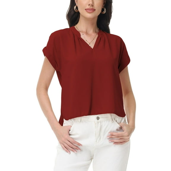 Women's Short Sleeve Blouse with Gathered V-Neckline and Rolled Cuffs - X Large, Burgundy