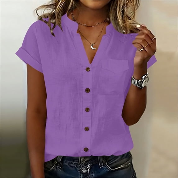 Women's Short Sleeve Blouse with Pockets and Turndown Collar