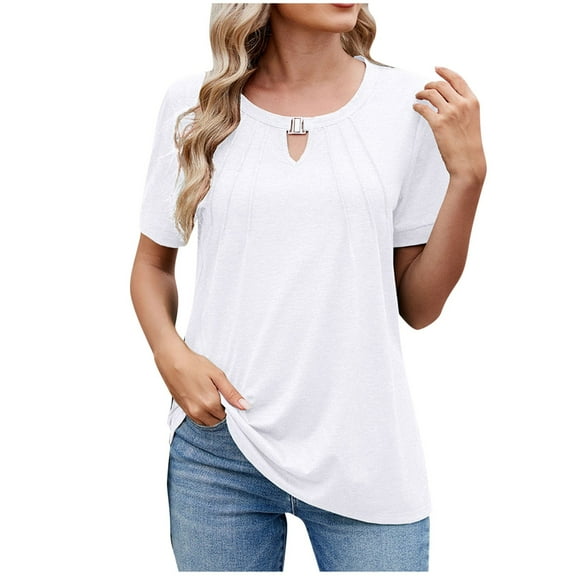 Women's Short Sleeve Blouses Dressy Casual Crew Neck Chiffon Shirt Fashion Summer Loose Pleated Tunic Tops (White XL)