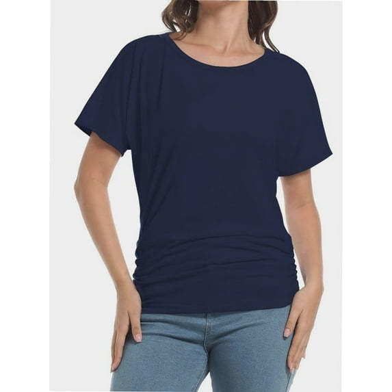 Women's Short Sleeve Boat Neck Dolman Top with Side Shirring