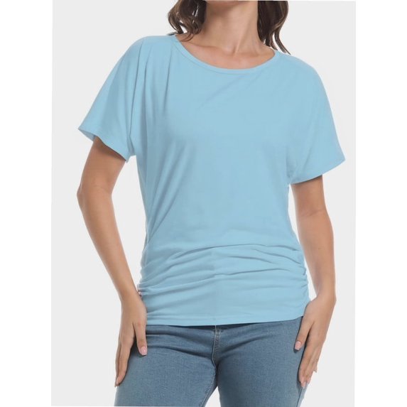 Women's Short Sleeve Boat Neck Dolman Top with Side Shirring