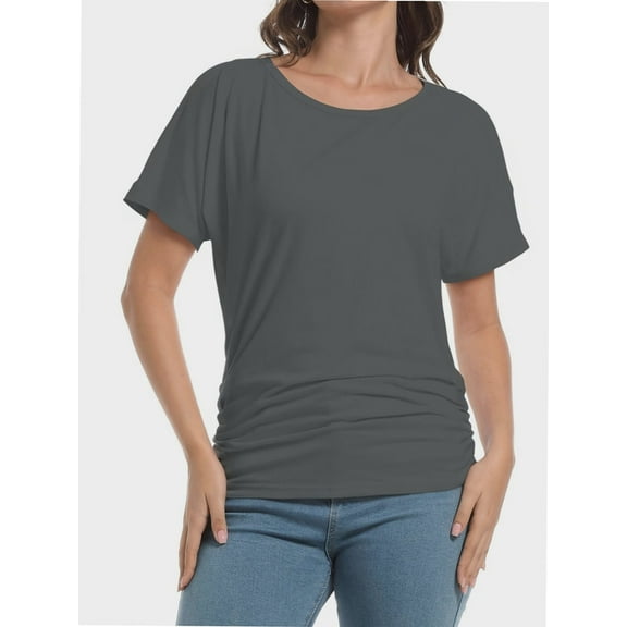 Women's Short Sleeve Boat Neck Dolman Top with Side Shirring