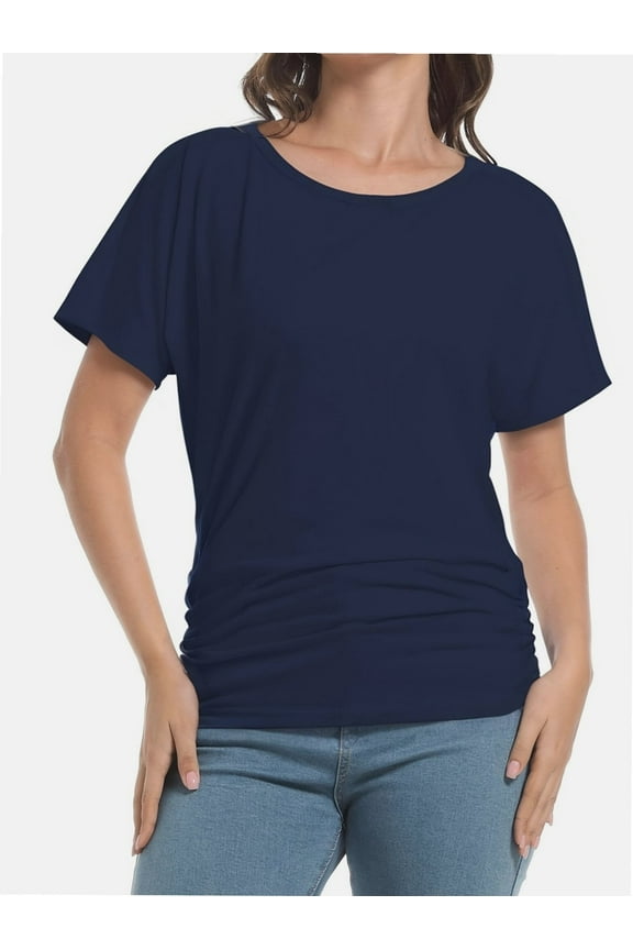 Women's Short Sleeve Boat Neck Dolman Top with Side Shirring