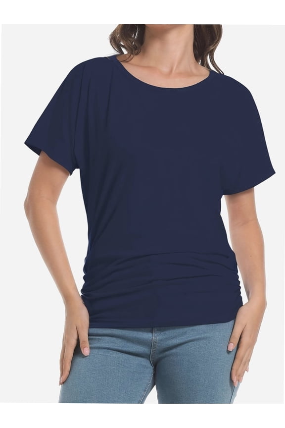 Women's Short Sleeve Boat Neck Dolman Top with Side Shirring