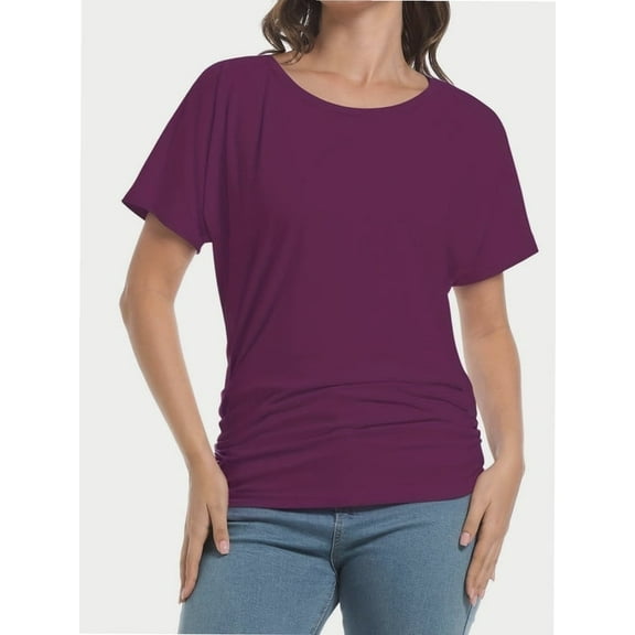 Women's Short Sleeve Boat Neck Dolman Top with Side Shirring