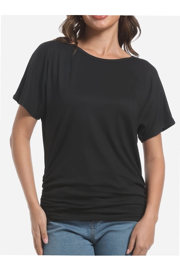 Women's Short Sleeve Boat Neck Dolman Top with Side Shirring