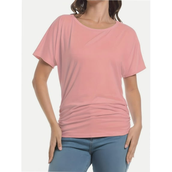 Women's Short Sleeve Boat Neck Dolman Top with Side Shirring