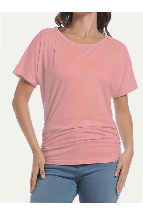 Women's Short Sleeve Boat Neck Dolman Top with Side Shirring