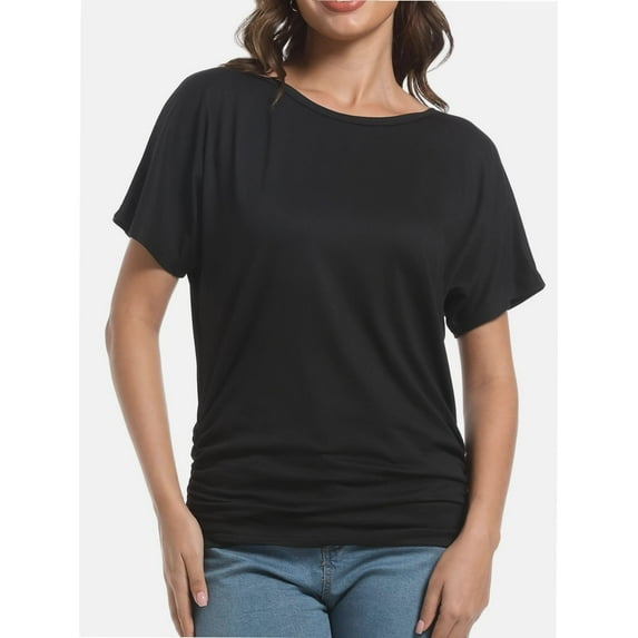 Women's Short Sleeve Boat Neck Dolman Top with Side Shirring