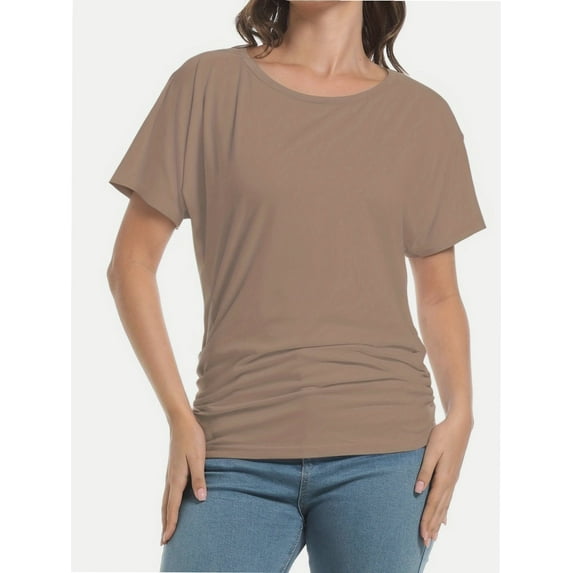 Women's Short Sleeve Boat Neck Dolman Top with Side Shirring
