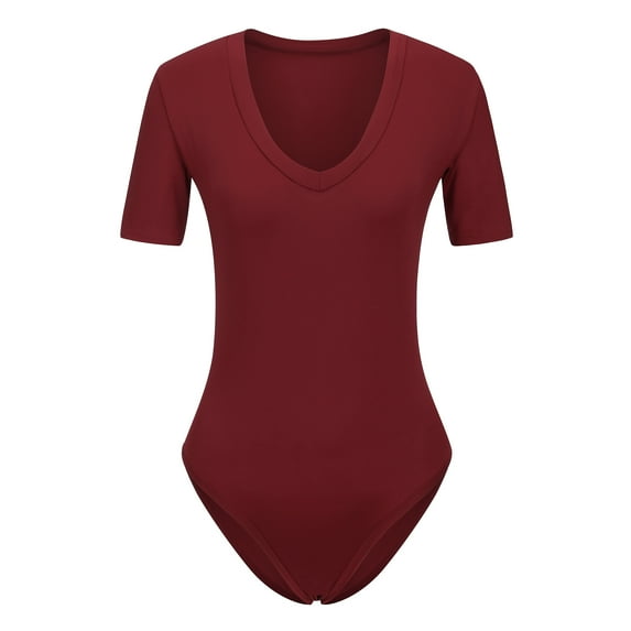 Women's Short Sleeve Bodysuit Short Sleeve Bodysuit V Neck Slim Fit Basic Jumpsuit, Wine Red, S