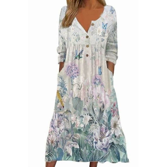 Women's Short Sleeve Boho Floral Print Maxi Dress Summer V Neck Casual Loose Dress with Pockets
